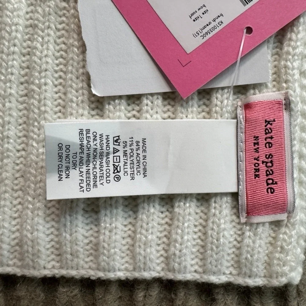 NWT Kate Spade New York Bow Scarf French Cream Metallic Ribbed Knit KS1003560C-1